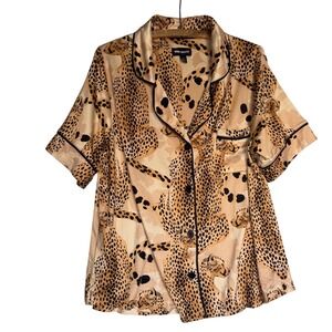 Room Service Womens L Cheetah Print Pajama Top Short Sleeve Button Up old money